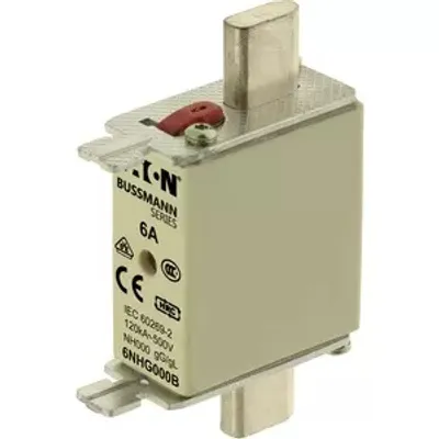 Produktbild von Eaton Sicherungseinsatz, Niederspannung, 6 A, AC 500 V, 120 kA, NH000, gL/gG, IEC, Doppelkennmelder, spannungsführende Grifflasche 6NHG000B