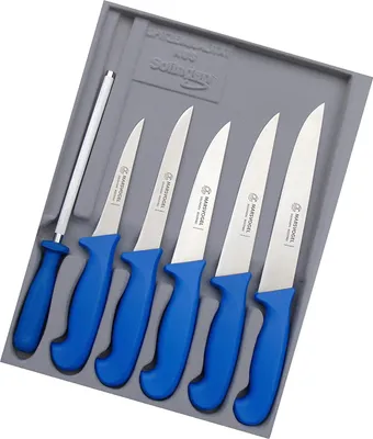 Produktbild von Marsvogel Schlachtermesser Set 6 TLG. GSK Solingen Metzgermesser Set bestehend aus: Stechmesser 6" 7" 8" Ausbeiner/Polker 5" 6" inkl. Wetzstahl (Blau)