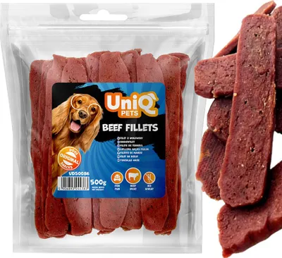 Image de Friandises pour chiens, bâtonnets de bœuf, lamelles de bœuf, UniQ Pets, 500g