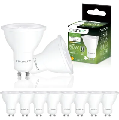 Obrázek produktu pro LED žárovka LUMILED GU10 PAR16 6 W nahrazuje 50 W, 600 lm, 4000 K, neutrální bílá, 36°, nestmívatelná, balení po 10 kusech, úsporná žárovka, reflektorový bodový světlomet do kuchyně, obývacího pokoje, kanceláře, chodby, 10 kusů