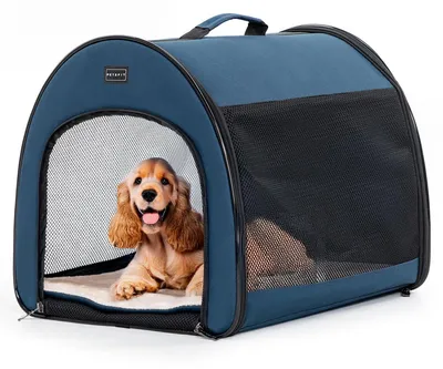 Produktbild von Hundebox faltbar, tragbar, atmungsaktiv, mit Plüschkissen, M, Blau