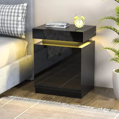 Produktbild von Nachttisch mit LED, Nightstand Schwarz mit 3 Schubladen und oberer Aufbewahrung,Beistelltisch,Kommode,Bettschrank,Schlafzimmer, Möbel, 40x35x61cm