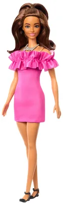 Produktbild von Barbie Fashionistas-Puppe mit pinkfarbenem Kleid mit Rüschenausschnitt