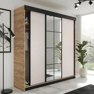 Produktbild von FurMeb24 3-türiger Schiebetürenschrank LAMER 250x205 cm Kleiderschrank mit Spiegel (Goldene Eiche + Kaschmir)