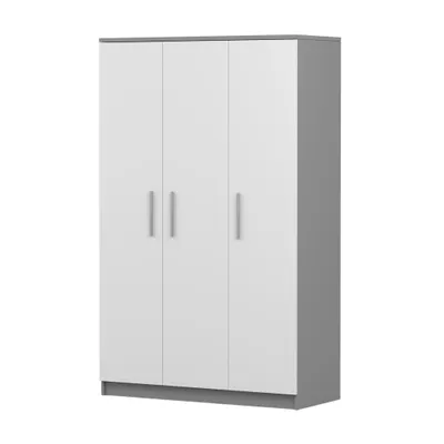 A three-door wardrobe with a gray frame and white doors, set against a white background.