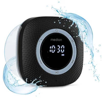 Produktbild von MEDION S66884 Duschradio mit Bluetooth (Badradio, UKW Radio, Saugnapf, LED-Display, IPX6 Wasserdicht, integrierter Akku, MD43884) schwarz