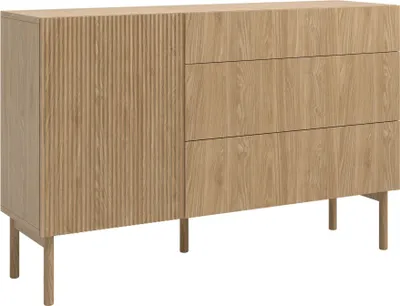 A wooden sideboard with three drawers and a fluted door on a white background.