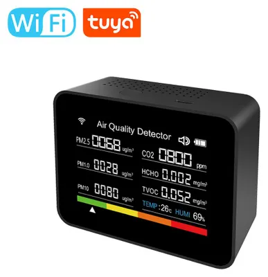 Zdjęcie produktu dla 13 w 1 Tuya WIFI – inteligentny monitor jakości powietrza, czujnik CO₂ do wnętrz, mierzący CO₂/TVOC/HCHO/PM2,5/PM1,0/PM10/temperaturę/wilgotność/godzinę/datę/alarm/timer/stoper, obsługuje zdalne sterowanie przez aplikację, funkcja alarmu do domowego biura