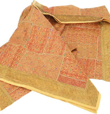 Produktbild von Orientalische Patchwork Brokatdecke, Indische Tagesdecke - Goldgelb, Viskose, 220*270*0,5 cm, Patchwork Steppdecke aus Indien