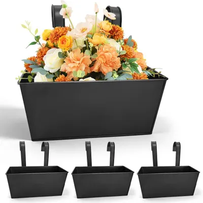 Image de Ensemble de 4 pots de fleurs en métal suspendus, avec crochet amovible, idéal pour balcon, jardin et décoration murale, couleur noire, dimensions : 27,5 cm
