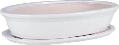 A white oval ceramic bonsai pot with a matching saucer, presented on a white background.