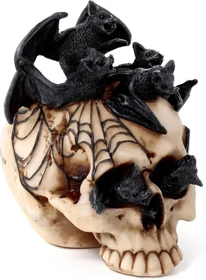 Productafbeelding van Decoratieve schedel met vleermuizen - Harsbeeldje - Gotisch accessoire voor thuis en Halloween