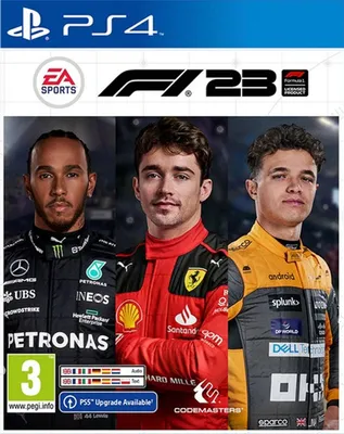Cover art for the F1 23 video game for PlayStation 4, featuring three Formula 1 drivers.