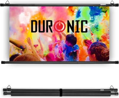 A projection screen with a colorful image of people celebrating with colored powder, and the Duronic logo. Below is a collapsed view of the screen's frame.