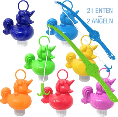 Produktbild von Einhorn Enten Angeln | 21x bunt Unicorn Entchen mit Öse & Gewicht | Inkl. 2 Angeln | Entenangeln Spiel Wasser groß | Perfekt für Firmenfeiern, Kita, Kindergeburtstag
