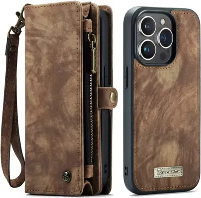 A brown leather wallet-style phone case with a zipper and a wrist strap is shown next to a phone with a similar brown leather case.