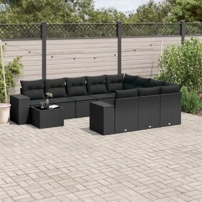 Produktbild von Design 11-tlg. Garten-Sofagarnitur mit Kissen Schwarz Poly Rattan, Gartenmöbel-Sets 2024 Neu