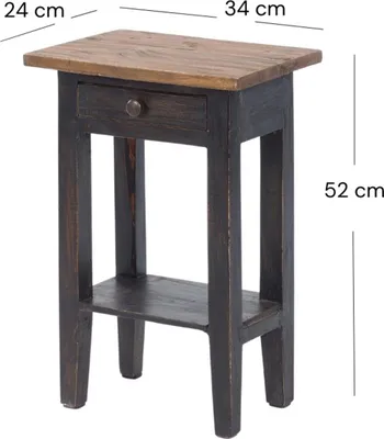 A product shot of a small wooden side table with dimensions indicated.