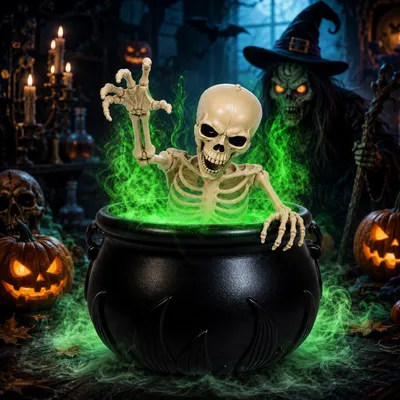 Obrázok produktu pre Dekoratívny čarodejnícky kotol so skeletom, vhodný na Halloweenové oslavy