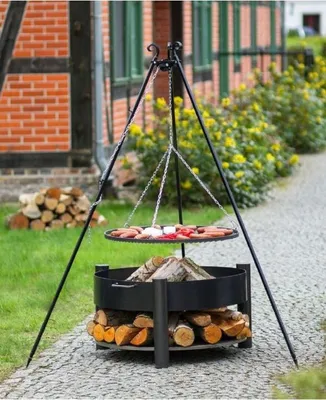 Image de Grille barbecue sur trépied + Brasero avec range bois SOLAFA en acier-Noir-Noir--Ø 60 cm-Ø 70 cm-