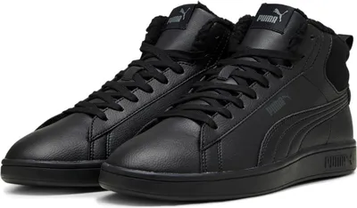 A pair of black Puma high-top sneakers shown from a diagonal angle against a white background.