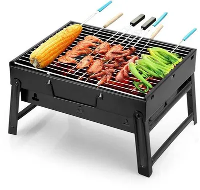 Produktbild von Unyqoos® Kompakter, tragbarer Holzkohlegrill aus Edelstahl – faltbar mit klappbaren Beinen (34 x 24 x 5,8 cm) für Camping, Picknick & Outdoor-Kochen