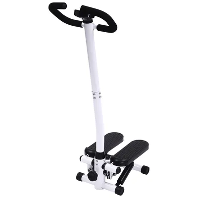 A white and black fitness stepper with handlebars against a white background.