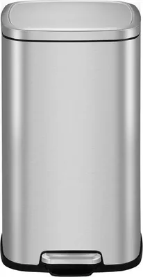 A stainless steel trash can with a foot pedal.