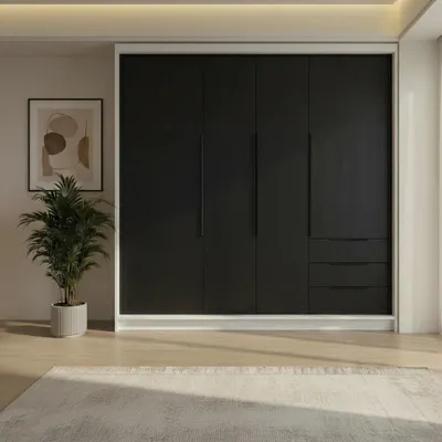 Produktbild von Geräumiger vier-türiger Kleiderschrank KLARI mit Schubladen und Metallgriffen – modernes Design
