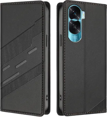 Image de Etui pour Honor 90 Lite, étui portefeuille en cuirPolyuréthaneavec fente pour cartes et fonction stand Schwarz