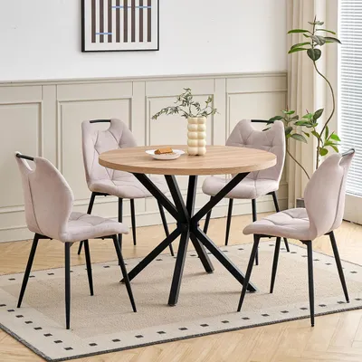 Immagine prodotto di Set da pranzo con tavolo rotondo da 100 cm e 4 sedie imbottite, stile nordico, colore naturale/beige