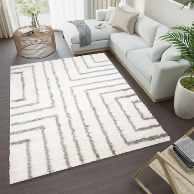 Produktbild von Teppich Wohnzimmer Schlafzimmer Hochflor Shaggy Langflor Creme Grau Modern Design 80 x 150 cm