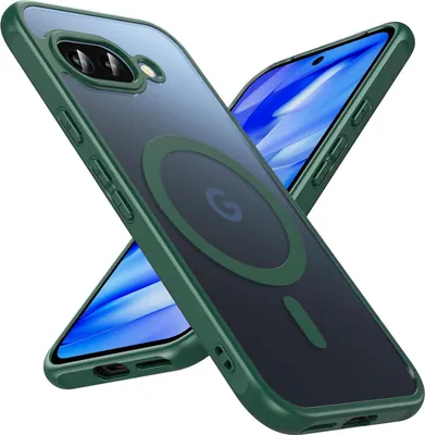 Two phone cases are shown diagonally, one on top of the other, against a white background. The top case is transparent with a green frame and a green magnetic ring with a 'G' logo inside. The bottom case is also transparent with a green frame and a dark gr