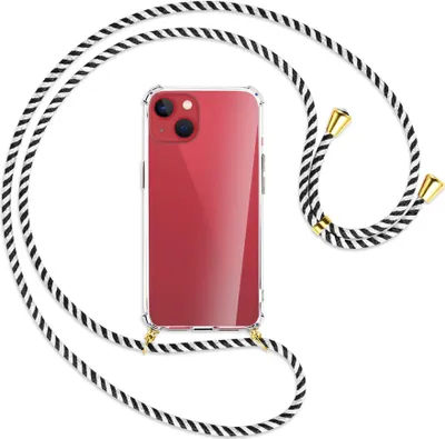 Produktbild von Handykette Backcover-Schutzhülle mit Band (Metall goldfarben) für Apple iPhone 13 - schwarz/weiß gestreift