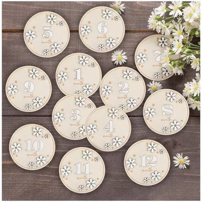 Image de Cartes en bois pour les étapes importantes de bébé - Motif unique de tournesols - 12 pièces, 10 cm