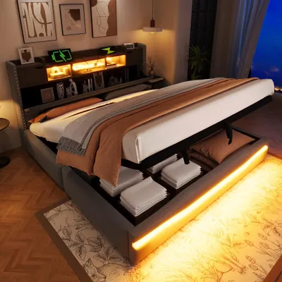 Productafbeelding van Gestoffeerd bed met USB-C oplaadfunctie, LED-strip en opbergruimte in het hoofdeinde, hydraulische bedopslag, zonder matras, 180x200 cm, grijs