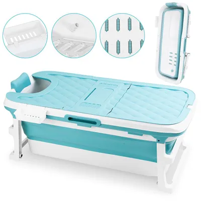 Zdjęcie produktu dla Składana wanna Vigevee, wymiary 149x60x50 cm, XXL, niebieska, wykonana z tworzyw sztucznych PP i TPE, z rolkami masującymi, przeznaczona dla osób o większych rozmiarach