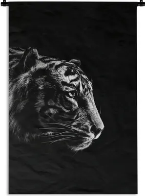 Produktbild von MuchoWow® Wandteppich Wandbehang Kopf eines Tigers auf schwarzem Hintergrund - schwarz und weiß 90x135 cm Tapisserie Dekoration Wandtuch - Baumwolle - Wandskulptur
