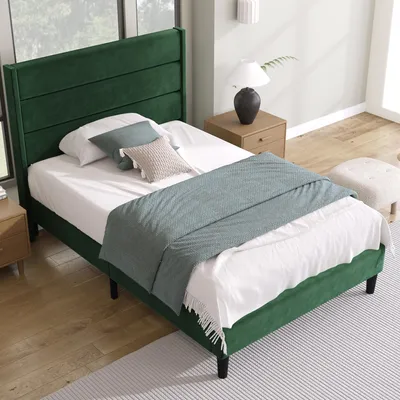 Image de MODFU Lit simple 90x200 cm - Lit simple rembourré avec sommier à lattes - Lin - Sans Matelas - Vert Foncé