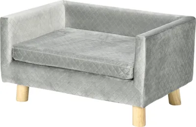 Produktbild von Graues Hundesofa mit Holzbeinen für kleine Hunde bis 8 kg, samtweich 64x45x36 cm