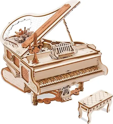 A 3D wooden model of a grand piano with a bench, displayed against a white background.