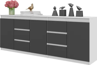 Obrázok produktu pre MIKEL - Komoda so 6 zásuvkami a 3 dvierkami - komoda do spálne - biela matná / antracitovo sivá V75cm Š200cm H35cm