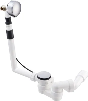 A white bathtub drain assembly with a chrome overflow cover and a silver overflow dial, set against a white background.