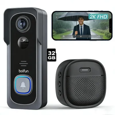 Image de Sonnette vidéo BOIFUN, sonnette sans fil avec caméra, sonnette vidéo sans fil 2K, audio bidirectionnel, 32 Go