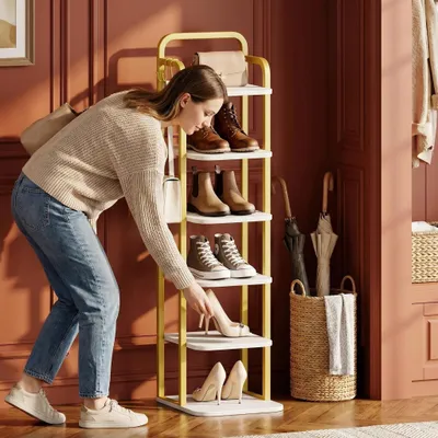 Produktbild von Vertikales Schuhregal, 6-Stöckige, Platzsparend, Weiß Gold | Schuhturm für Kleine Räume, Freistehend, Verstellbar