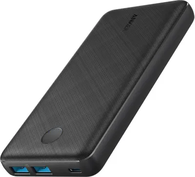 A black Anker power bank is shown at an angle against a white background.
