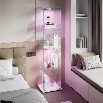 Immagine prodotto di Vetrina in vetro, 4 ripiani, con illuminazione a LED, dimensioni 39,8 x 35 x 163 cm, colore bianco, 1 anta