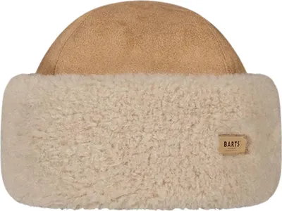 A close-up studio shot of a tan and cream Barts hat.