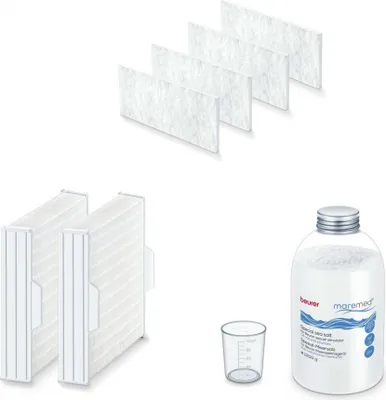 A collection of Beurer branded replacement parts and solution for an MK 500 MareMed device, including filters and a bottle of solution with a measuring cup.