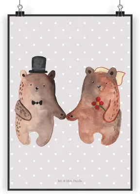 Produktbild von Mr. & Mrs. Panda Bild Bär Heirat DIN A3 - Grau Pastell - Geschenk, wanddeko, drucke, Plakat, Teddy, Wandbild, Posterdruck